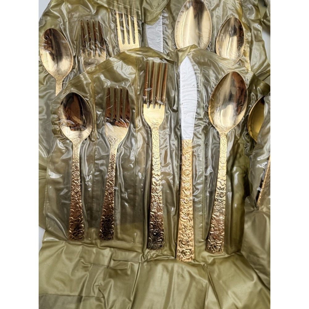Cellini Romanesque Gold Flatware Silverware Service for 8 Case Japan MCM Retro - Picture 5 of 8